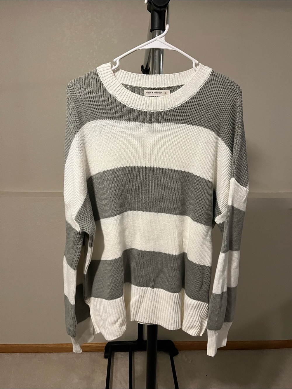 Green and White Striped Crewneck Sweater